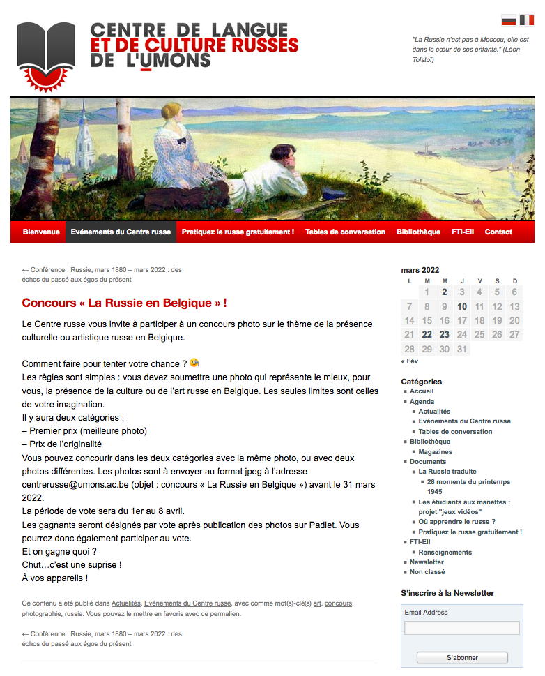 Page Internet. Mons. Concours photographie « La Russie en Belgique » 2022-03-31